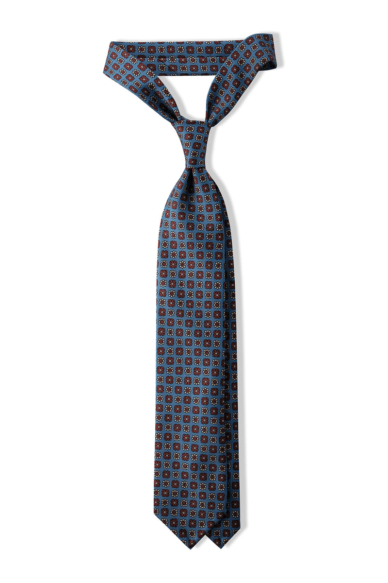 3- Fold Untipped Floral Silk Tie - Lido Blue / Vintage Orange - Brunati Como