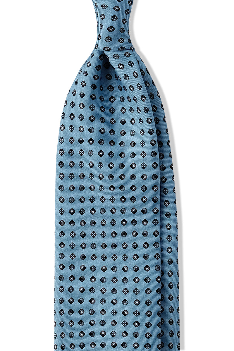 3-Fold Floral Patterned Printed Silk Tie - Light Blue - Brunati Como