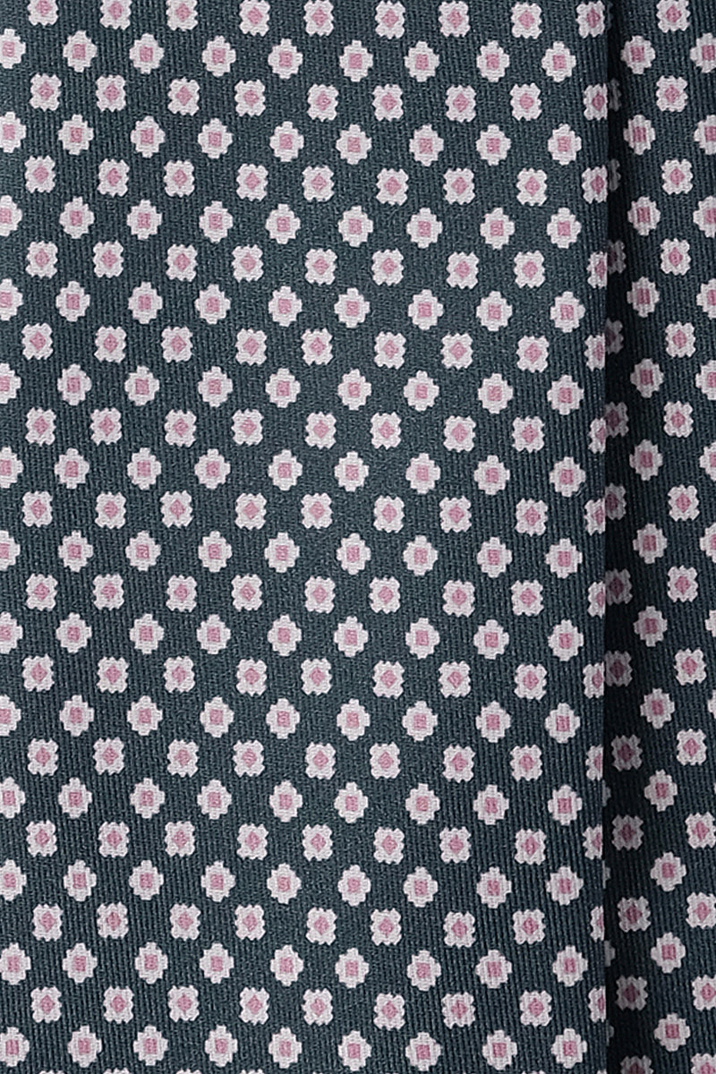3-Fold Floral Patterned Printed Silk Tie - Green / Rose - Brunati Como