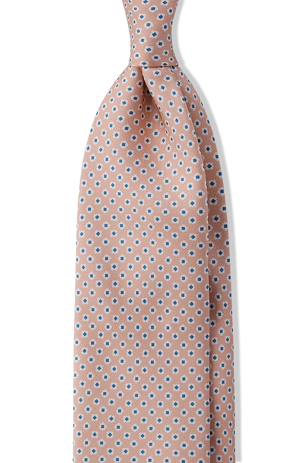 3-Fold Floral Patterned Printed Silk Tie - Melon / Light Blue - Brunati Como