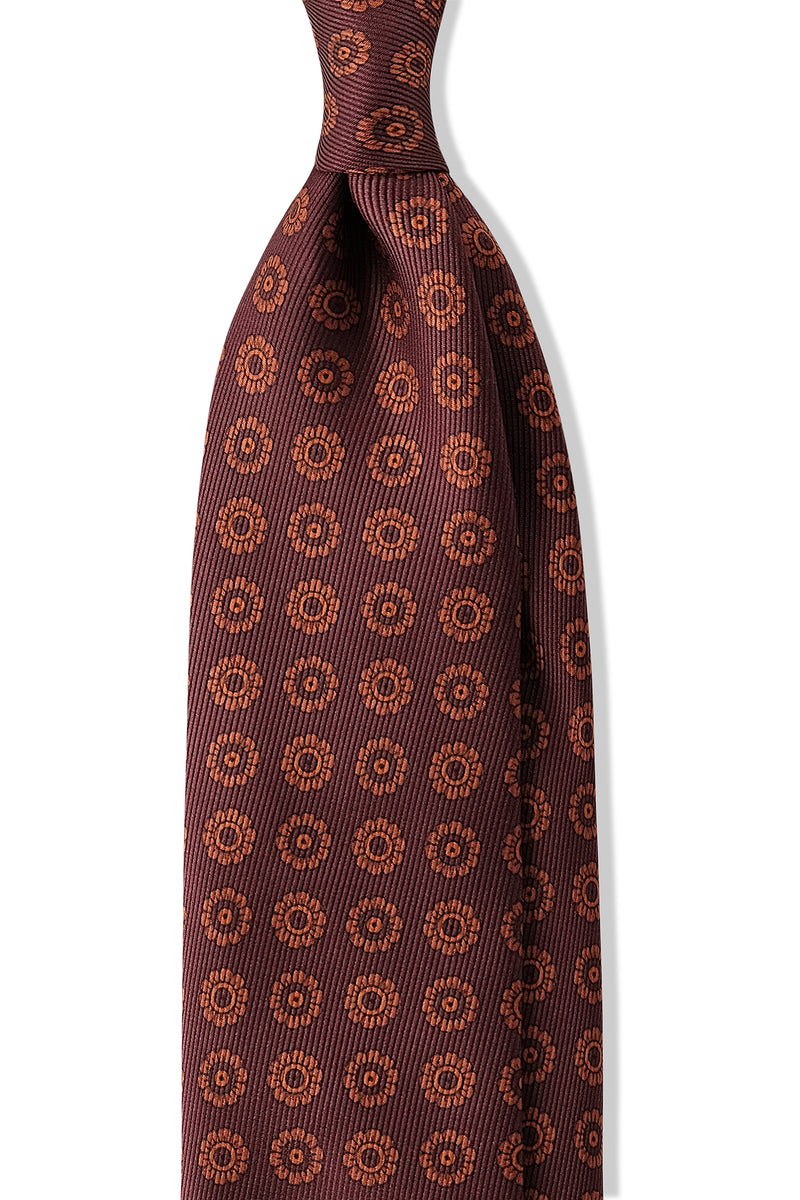 3-Fold Floral Ancient Madder Silk Tie - Burgundy/Ocre Orange - Brunati Como