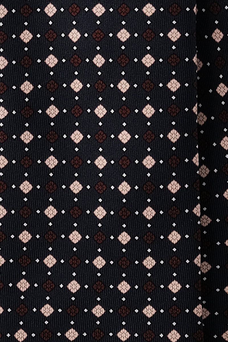 3-Fold Floral Patterned Printed Silk Tie - Navy / Beige / Brown - Brunati Como