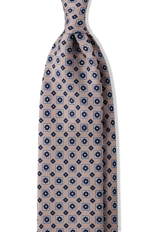 3-Fold Floral Patterned Printed Silk Tie - Beige / Blue - Brunati Como