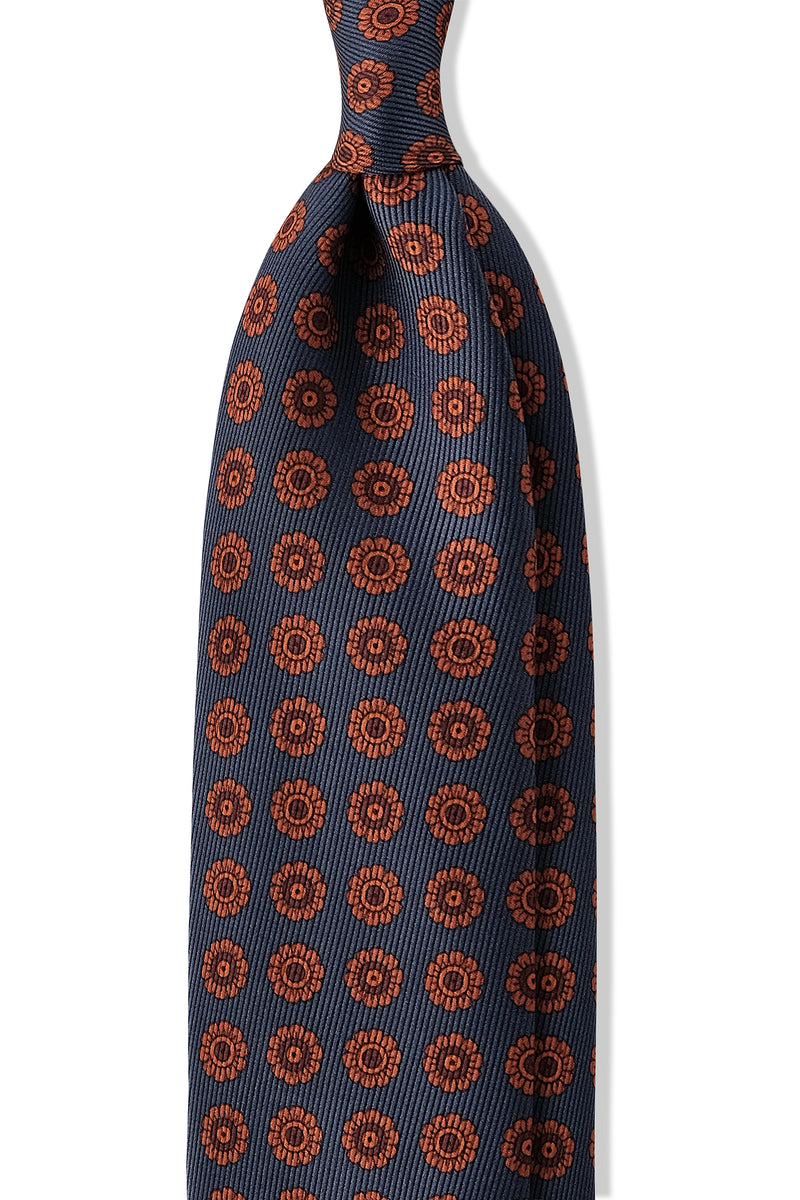 3-Fold Floral Ancient Madder Silk Tie - Navy/Ocre Orange - Brunati Como