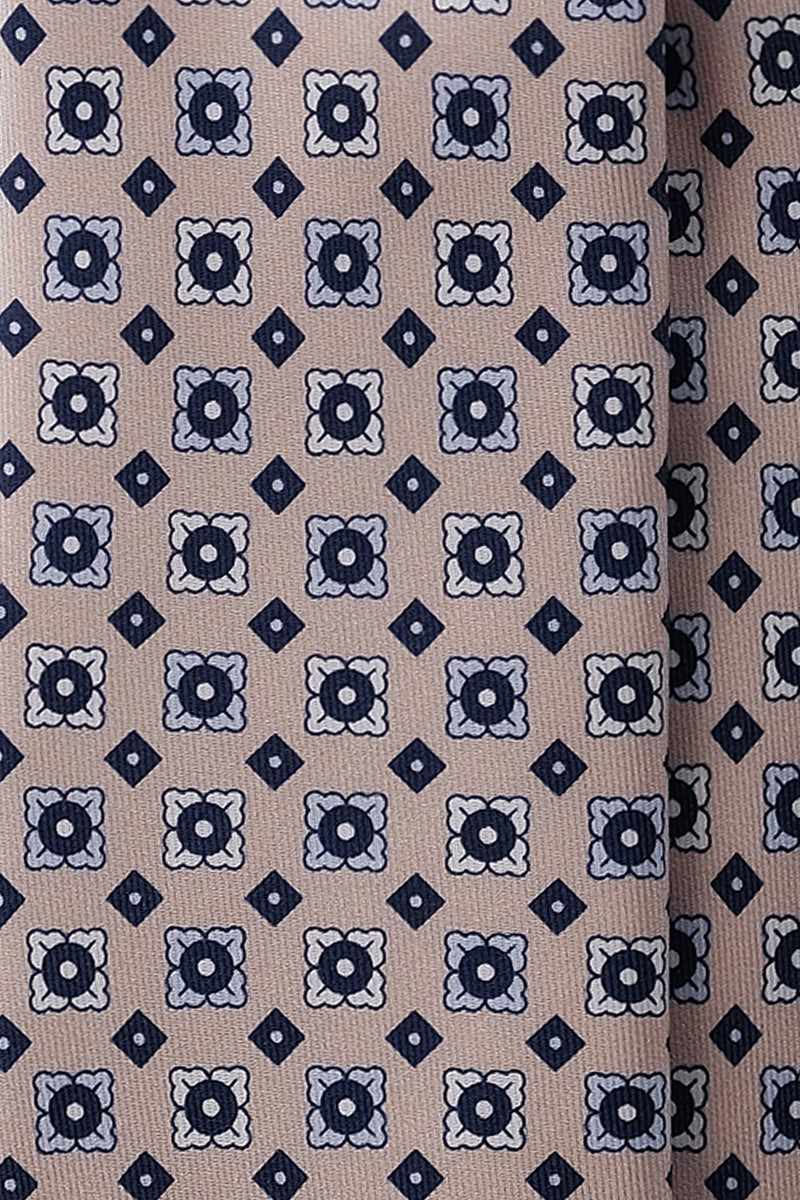 3-Fold Floral Patterned Printed Silk Tie - Beige / Blue - Brunati Como