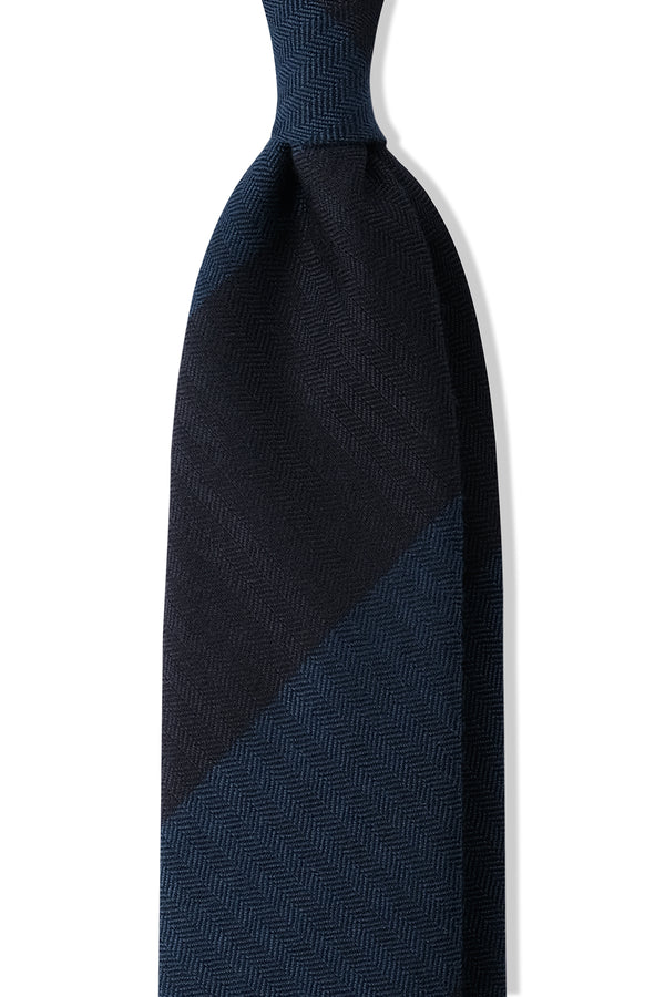 3-FOLD UNLINED Striped Heringbone Cashmere Tie - Navy/Royal Blue - Brunati Como