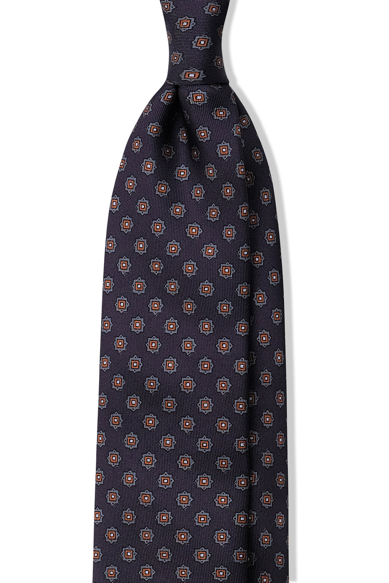 3-Fold Patterned Printed Silk Tie - Navy / Orange - Brunati Como®