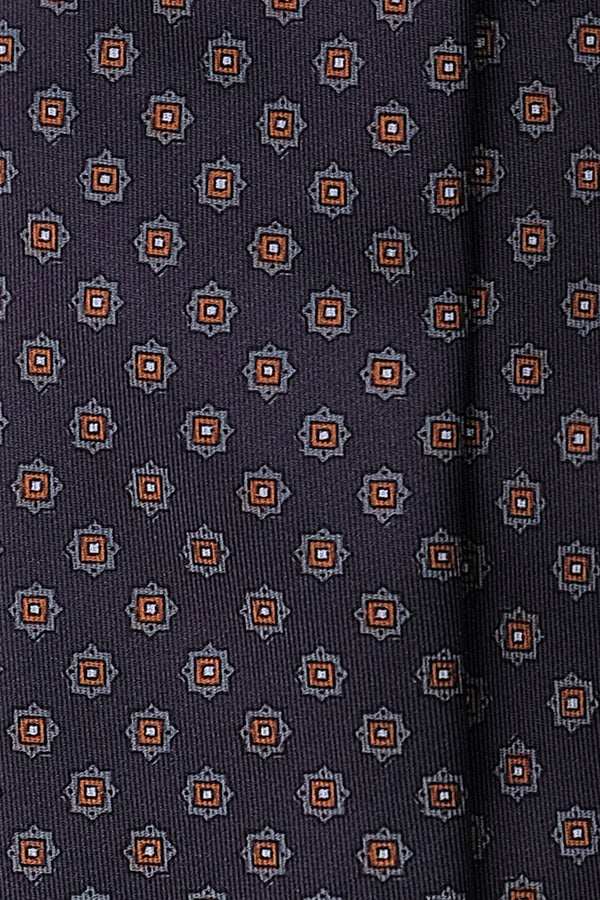 3-Fold Patterned Printed Silk Tie - Navy / Orange - Brunati Como®