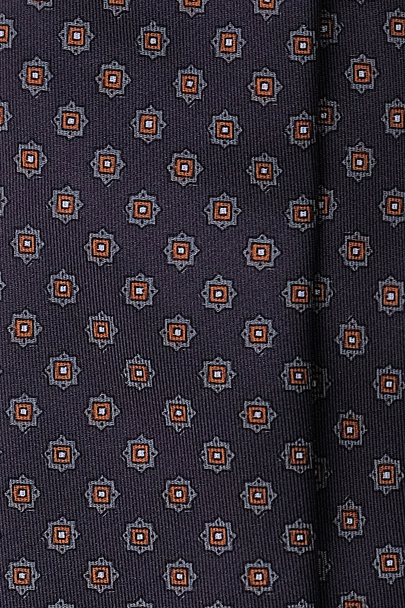 3-Fold Patterned Printed Silk Tie - Navy / Orange - Brunati Como®