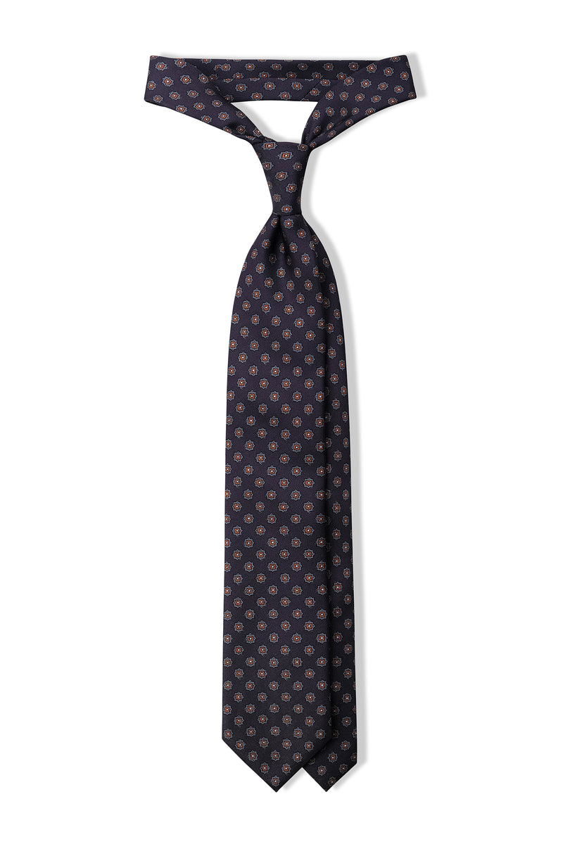 3-Fold Patterned Printed Silk Tie - Navy / Orange - Brunati Como®