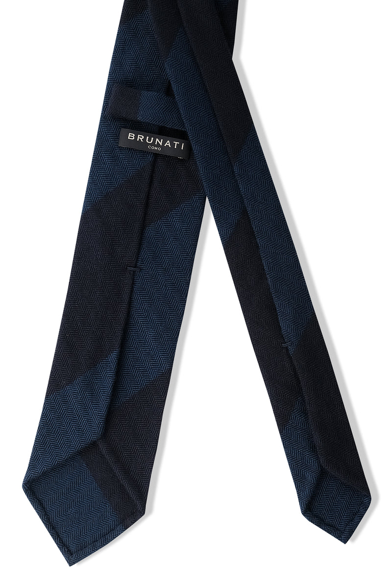 3-FOLD UNLINED Striped Heringbone Cashmere Tie - Navy/Royal Blue - Brunati Como