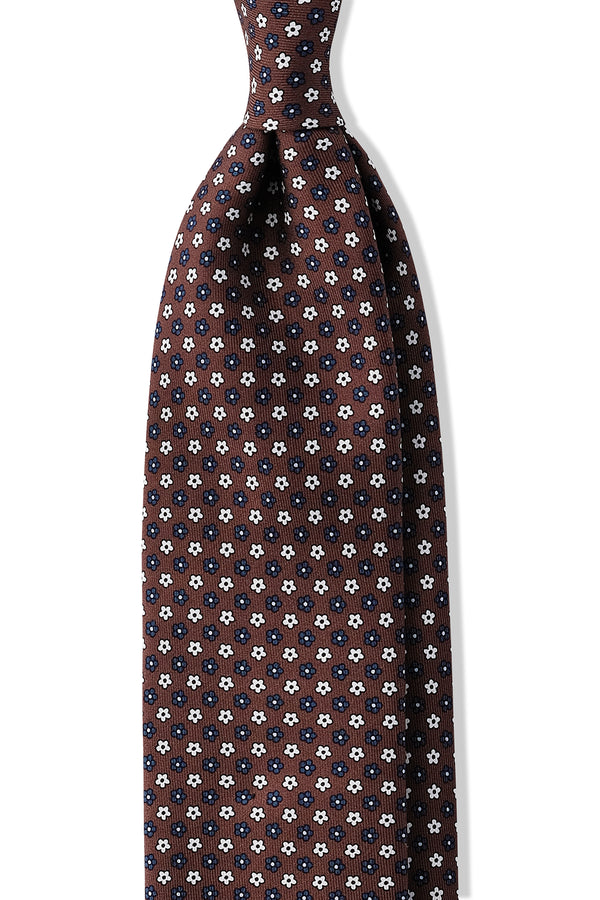 3-Fold Floral Patterned Printed Silk Tie - Brown / Blue / Beige - Brunati Como