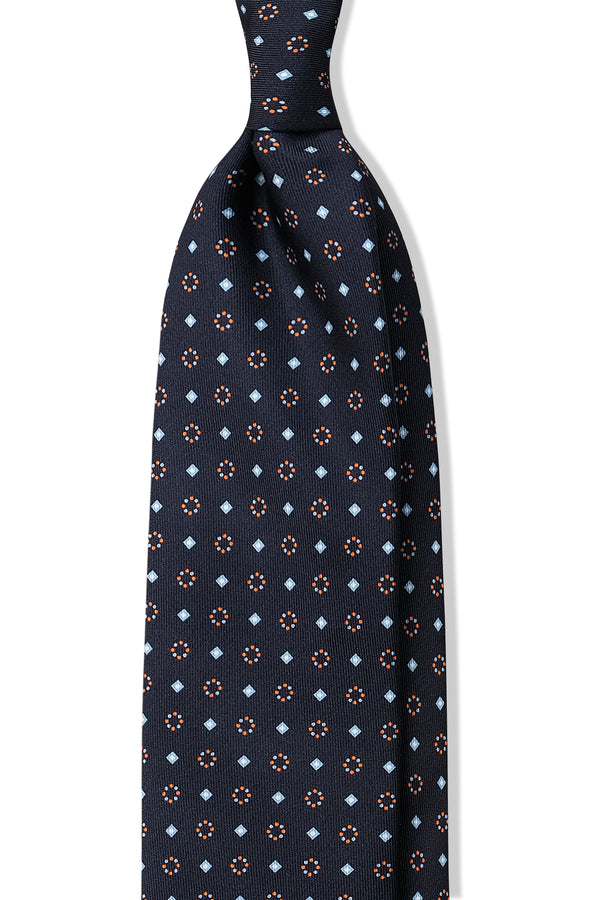 3-Fold Diamonds and Circles Patterned Printed Silk Tie - Navy/Light Blue/Orange - Brunati Como®