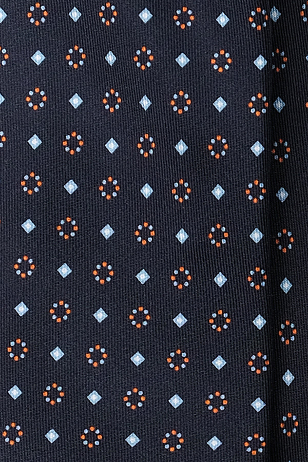 3-Fold Diamonds and Circles Patterned Printed Silk Tie - Navy/Light Blue/Orange - Brunati Como®