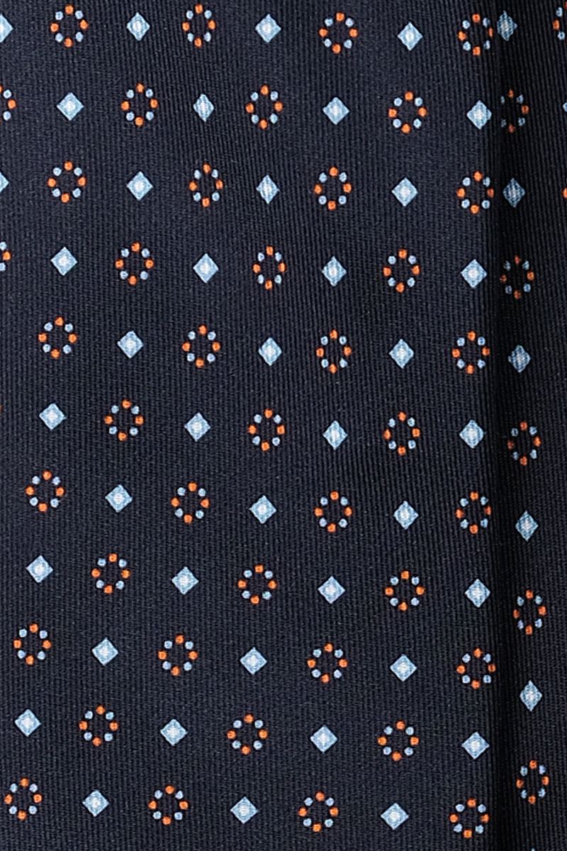 3-Fold Diamonds and Circles Patterned Printed Silk Tie - Navy/Light Blue/Orange - Brunati Como®