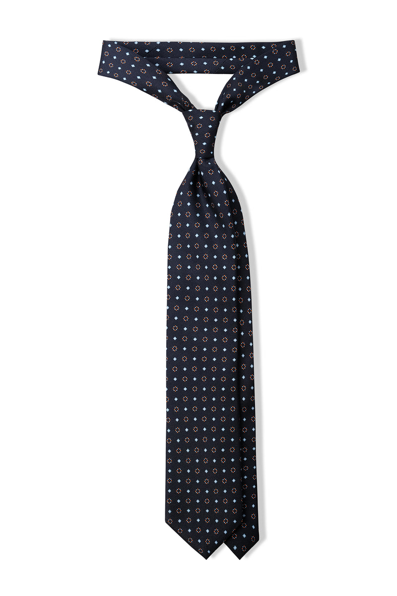 3-Fold Diamonds and Circles Patterned Printed Silk Tie - Navy/Light Blue/Orange - Brunati Como®