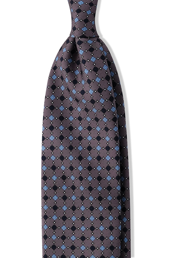 3-Fold Floral Patterned Printed Silk Tie - Taupe Grey / Navy / Light Blue - Brunati Como