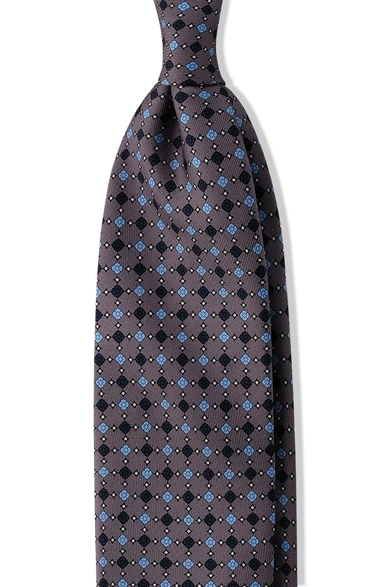 3-Fold Floral Patterned Printed Silk Tie - Taupe Grey / Navy / Light Blue - Brunati Como