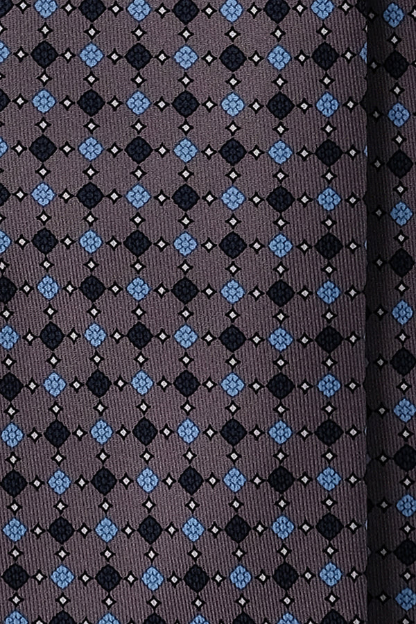 3-Fold Floral Patterned Printed Silk Tie - Taupe Grey / Navy / Light Blue - Brunati Como
