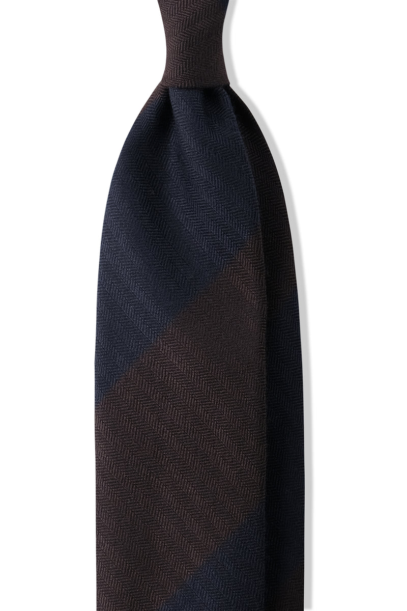 3-FOLD UNLINED Striped Heringbone Cashmere Tie - Navy/Brown - Brunati Como