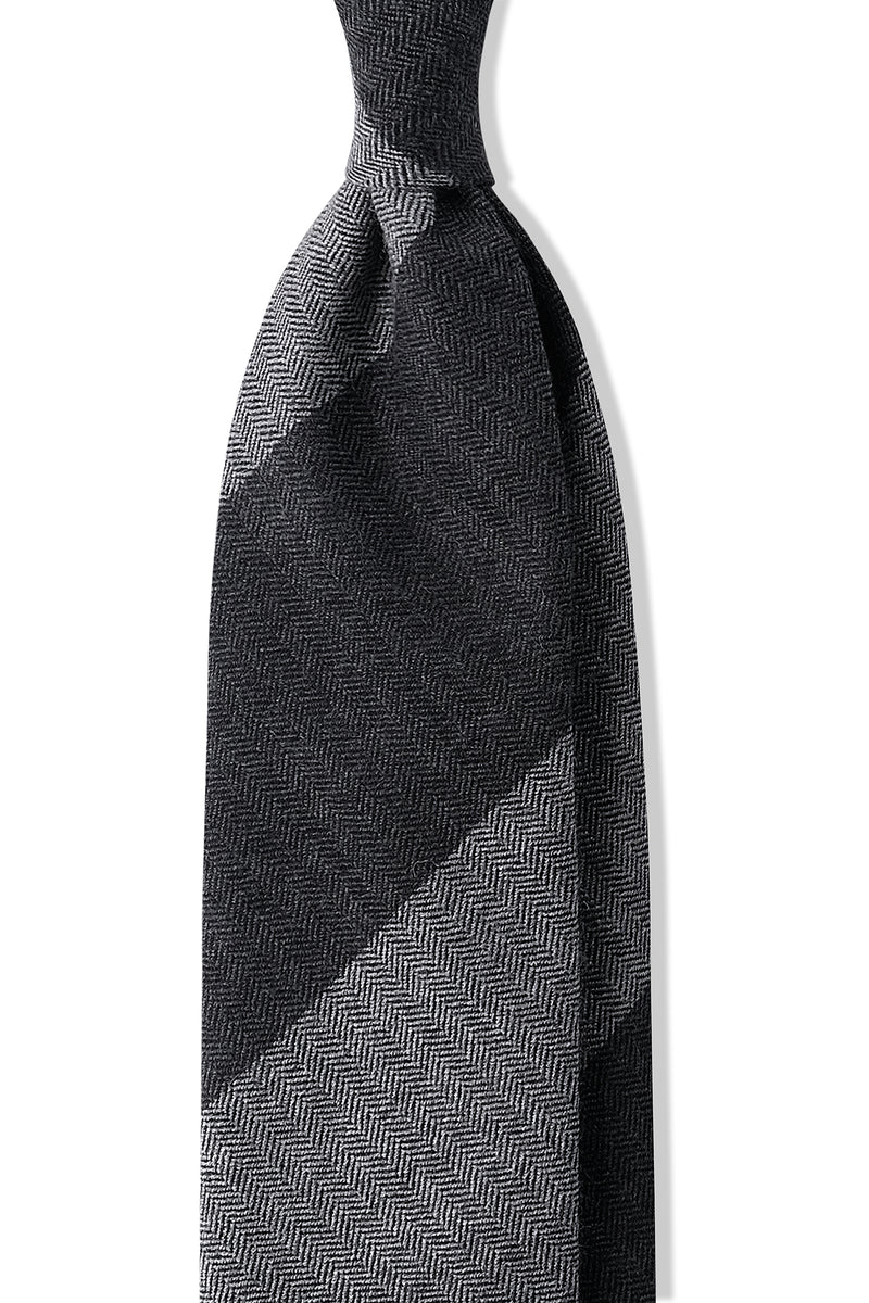 3-FOLD UNLINED Striped Heringbone Cashmere Tie - Anthra/Grey - Brunati Como