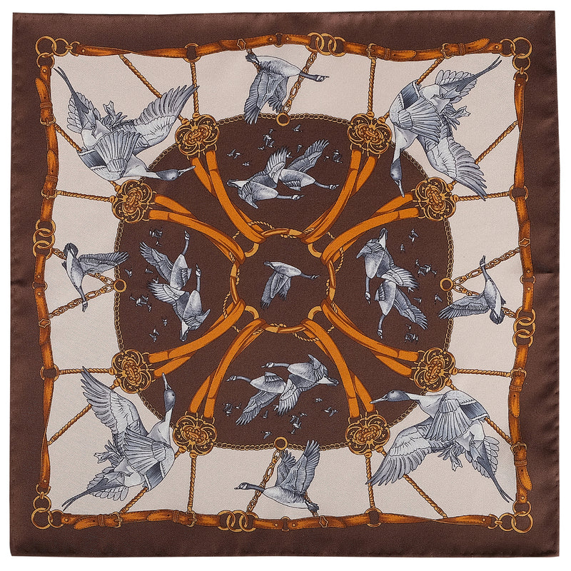 Flying Swan Pattern Silk Pocket Square - Brown - Brunati Como