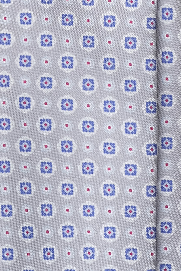 3- Fold Untipped Floral Silk Tie - Light Grey / Blue / Burgundy Dots - Brunati Como