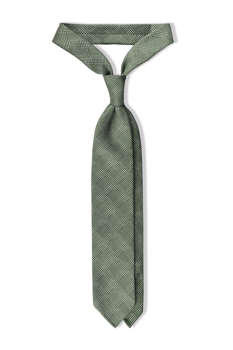 3- Fold Untipped Prince of Wales 40oz Silk Tie - Forest/Cream - Brunati Como