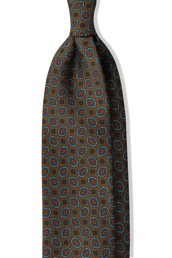 3- Fold Untipped Medallion Silk Tie - Coffee / Orange / Turquoise - Brunati Como