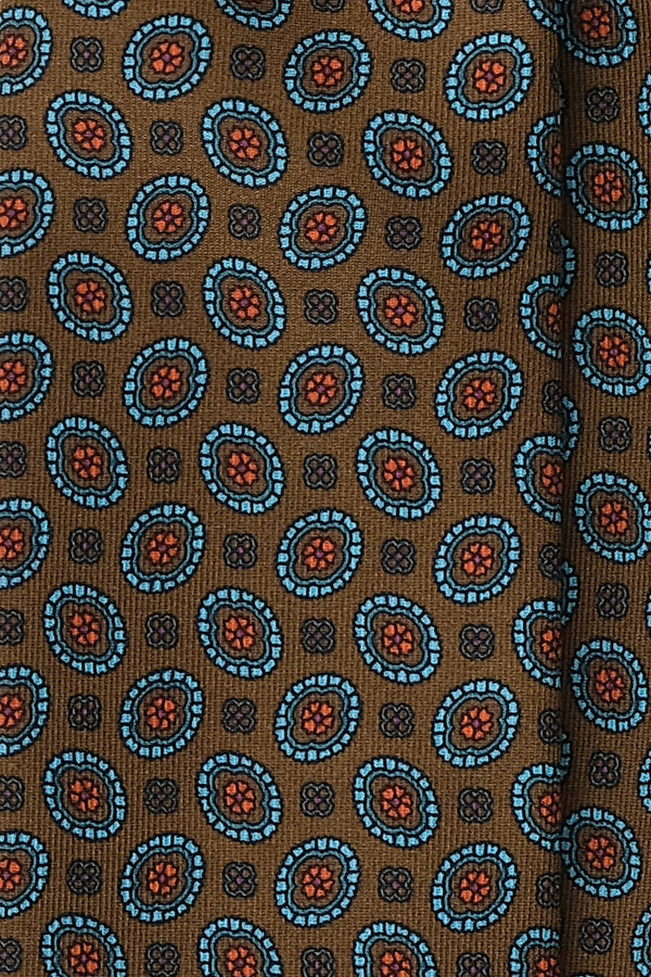 3- Fold Untipped Medallion Silk Tie - Coffee / Orange / Turquoise - Brunati Como