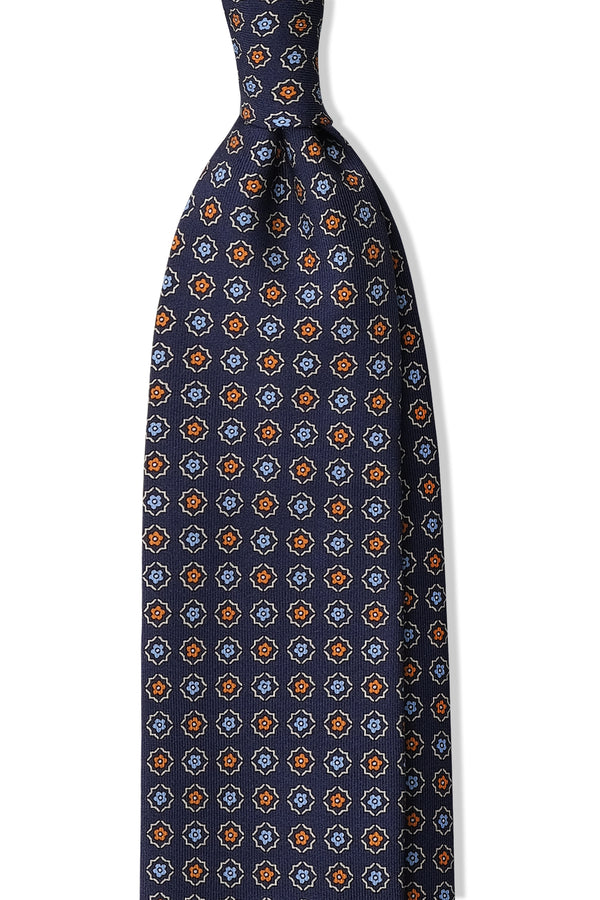 3- Fold Untipped Floral Silk Tie - Navy / Orange / Light Blue - Brunati Como