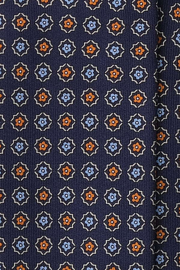 3- Fold Untipped Floral Silk Tie - Navy / Orange / Light Blue - Brunati Como