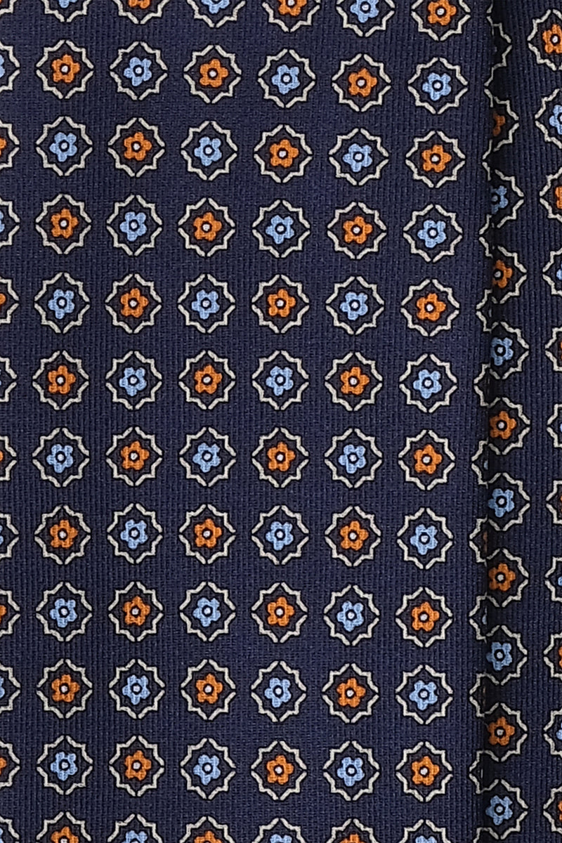 3- Fold Untipped Floral Silk Tie - Navy / Orange / Light Blue - Brunati Como