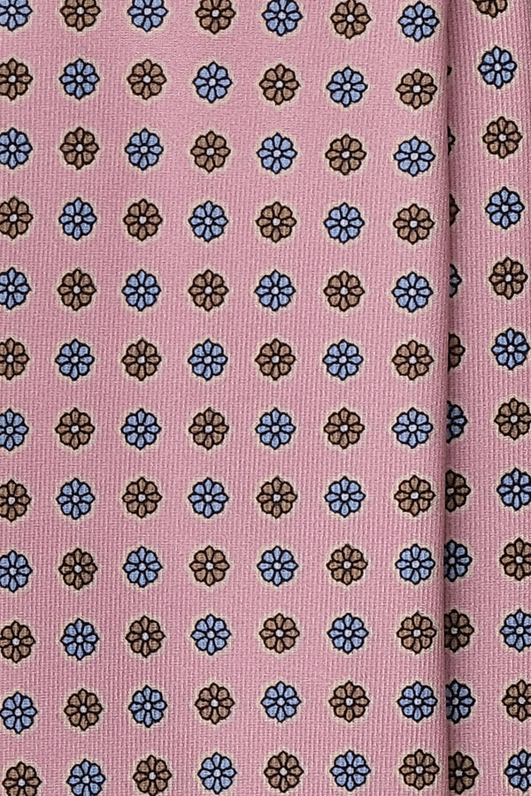 3- Fold Untipped Floral Silk Tie - Rose / Light Blue / Beige - Brunati Como