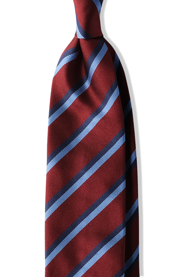 3-Fold Untipped Striped Silk Repp Tie - Burgundy / Light Blue / Navy - Brunati Como