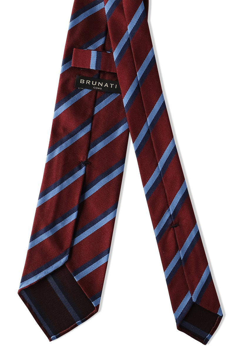 3-Fold Untipped Striped Silk Repp Tie - Burgundy / Light Blue / Navy - Brunati Como