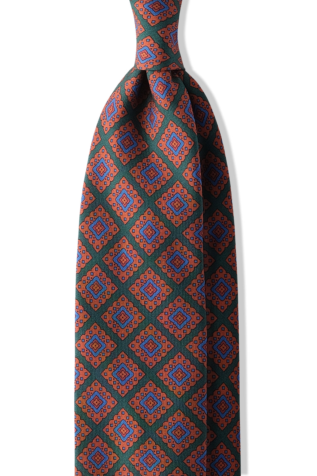 Handprinted Medallion Ancient Madder Silk Tie – Green / Orange