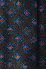 Handprinted Medallion Ancient Madder Silk Tie – Brown / Forest / Light Blue / Orange - Brunati Como