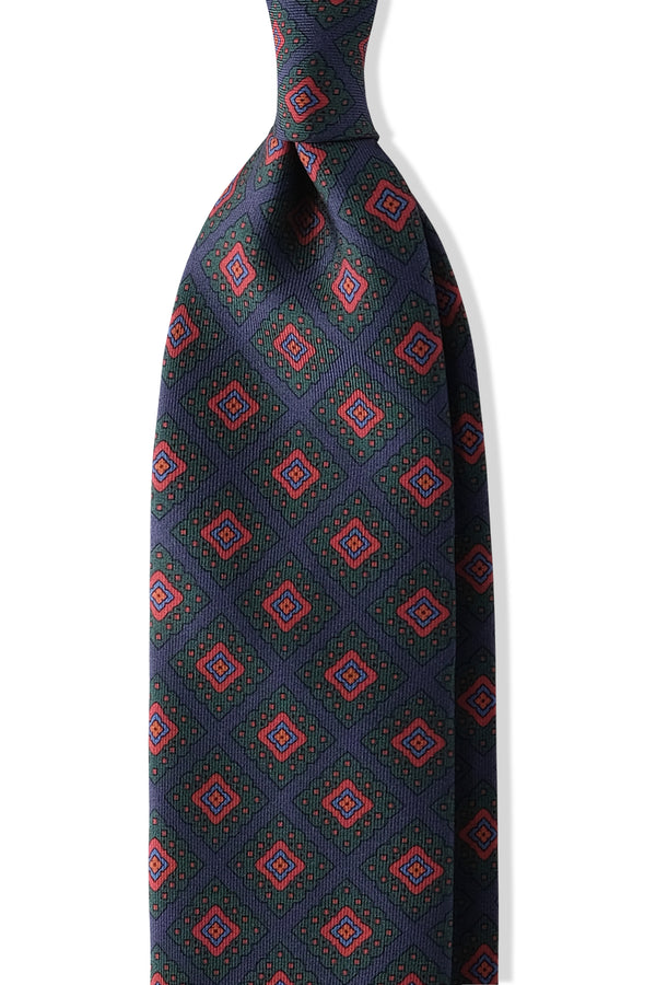 Handprinted Medallion Ancient Madder Silk Tie – Navy / Red / Orange / Forest - Brunati Como