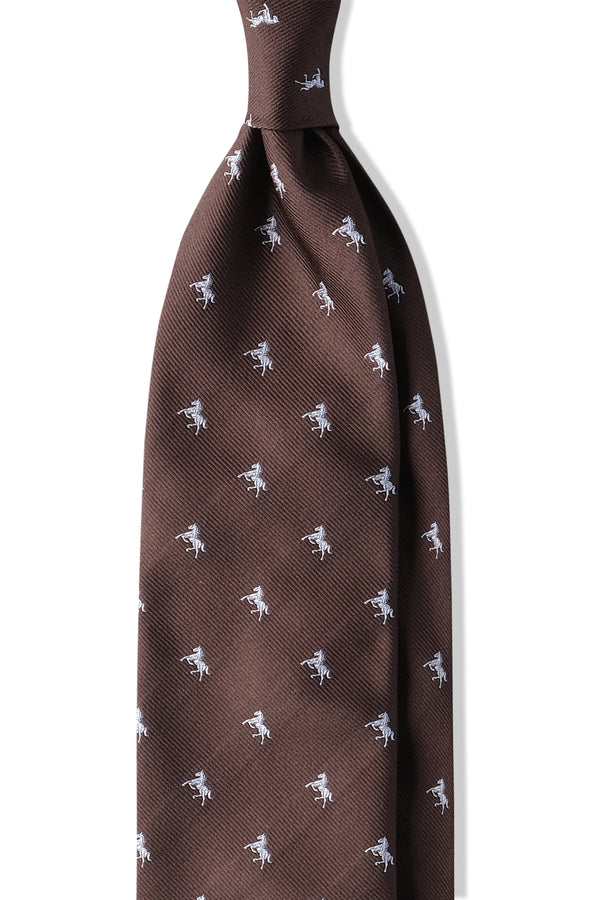 3-Fold Untipped Silk Jacquard Repp Tie - Brown / Horses - Brunati Como