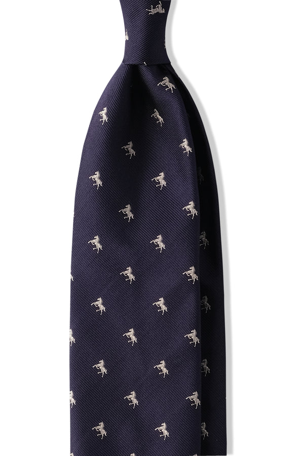 3-Fold Untipped Silk Jacquard Repp Tie - Navy / Horses - Brunati Como