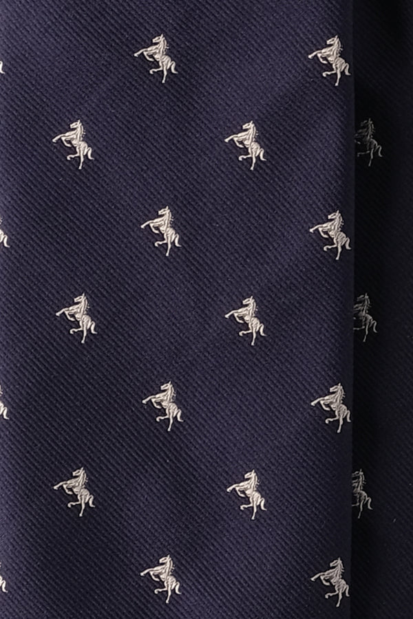 3-Fold Untipped Silk Jacquard Repp Tie - Navy / Horses - Brunati Como