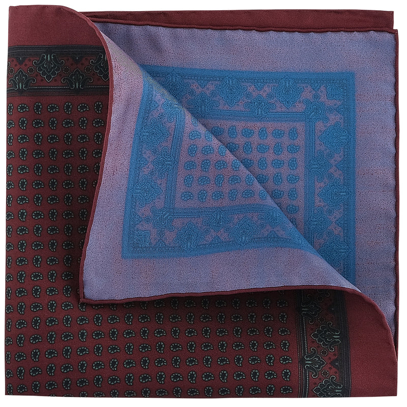 Handprinted Paisley Ancient Madder Silk Pocket Square - Burgundy - Brunati Como
