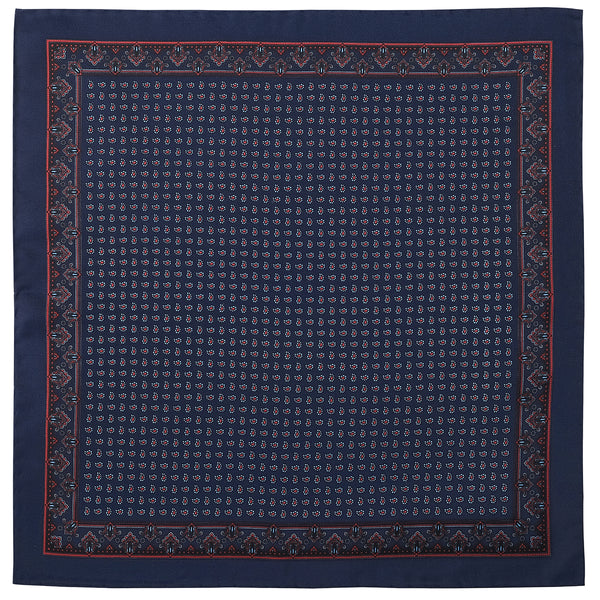 Handprinted Paisley Ancient Madder Silk Pocket Square - Navy - Brunati Como