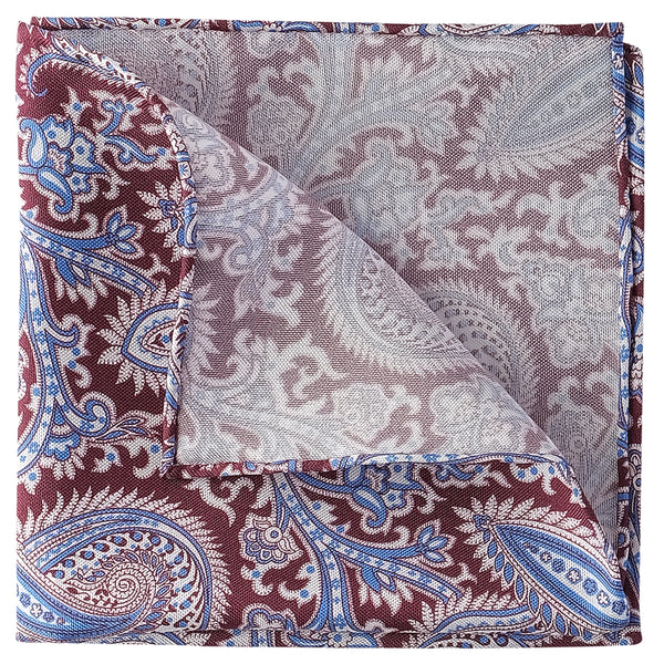 Paisley Handrolled Silk Pocket Square - Burgundy / Light Blue - Brunati Como