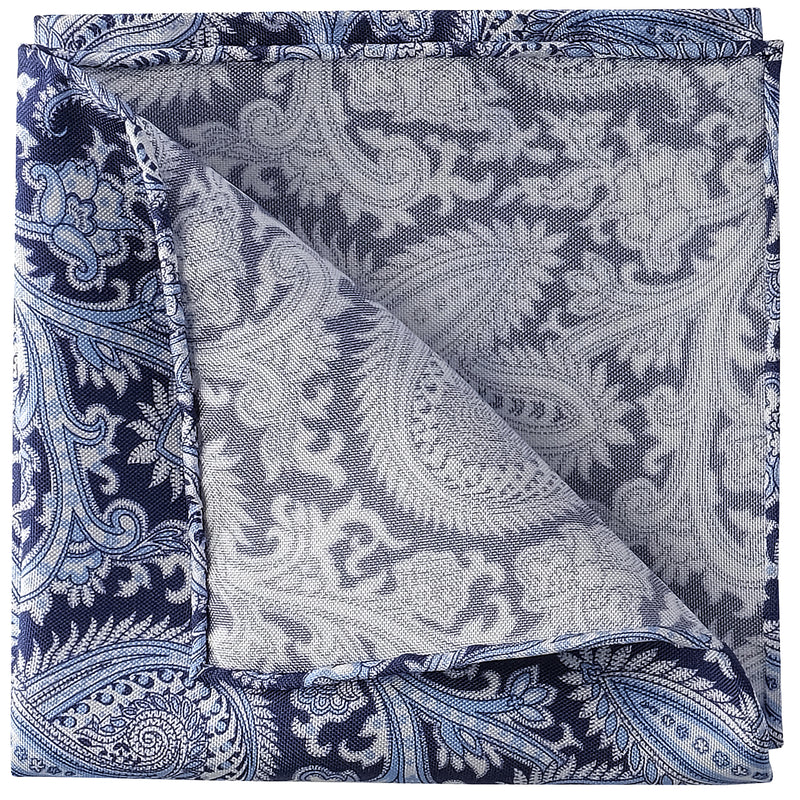Paisley Handrolled Silk Pocket Square - Navy / Light Blue - Brunati Como