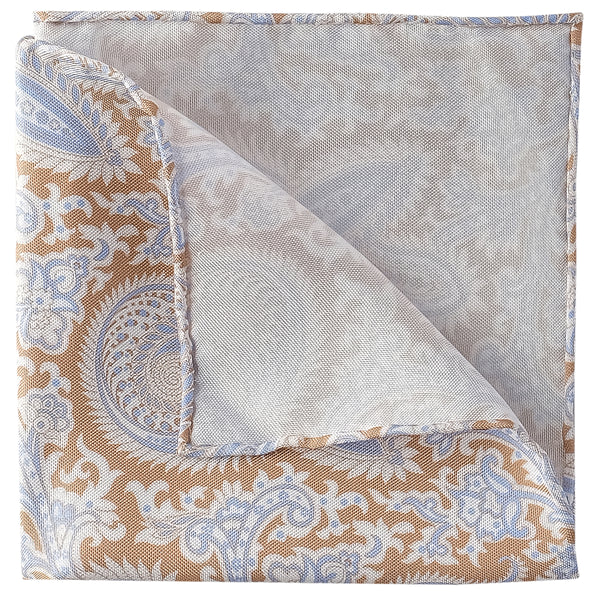 Paisley Handrolled Silk Pocket Square - Beige / Light Blue - Brunati Como