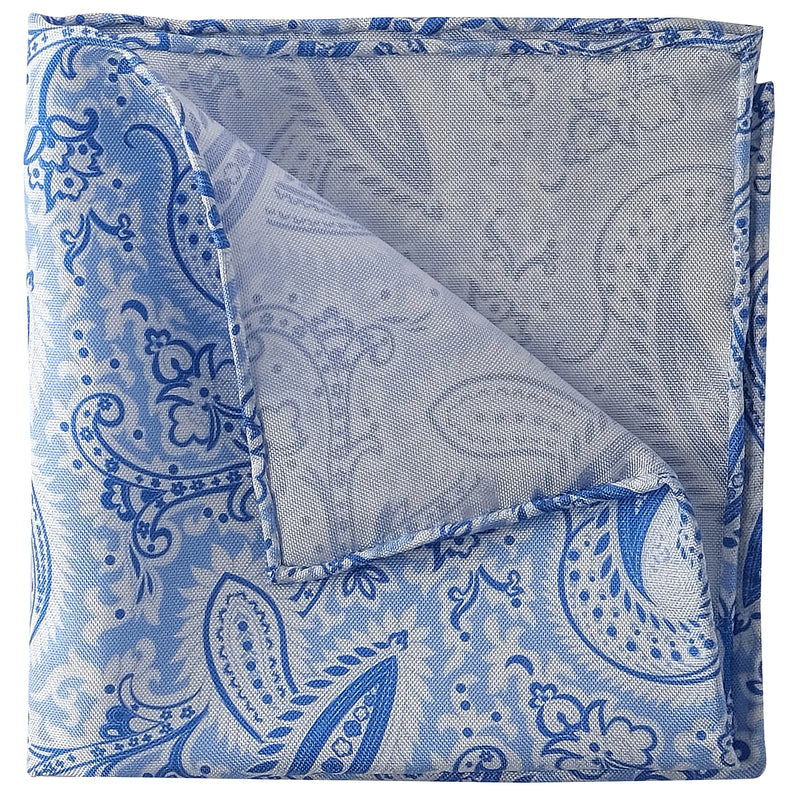 Paisley Handrolled Silk Pocket Square - White / Light Blue - Brunati Como