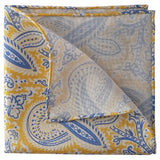 Paisley Handrolled Silk Pocket Square - Yellow / Light Blue - Brunati Como