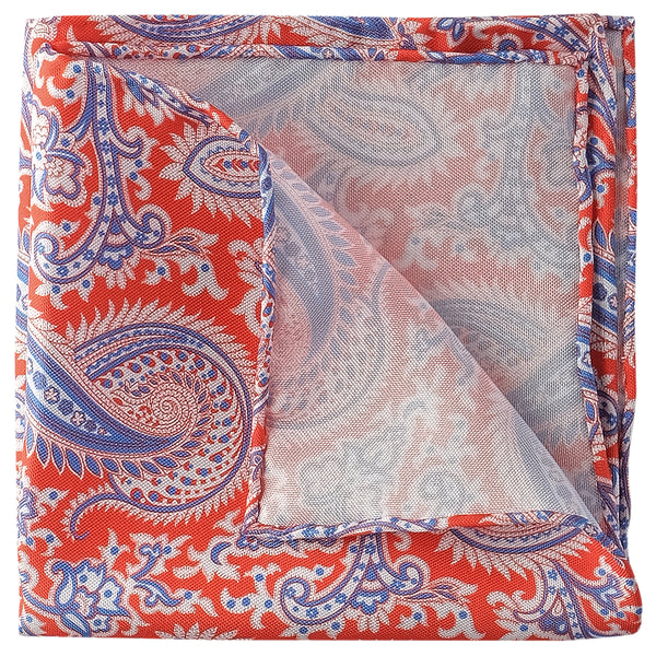 Paisley Handrolled Silk Pocket Square - Orange / Light Blue - Brunati Como